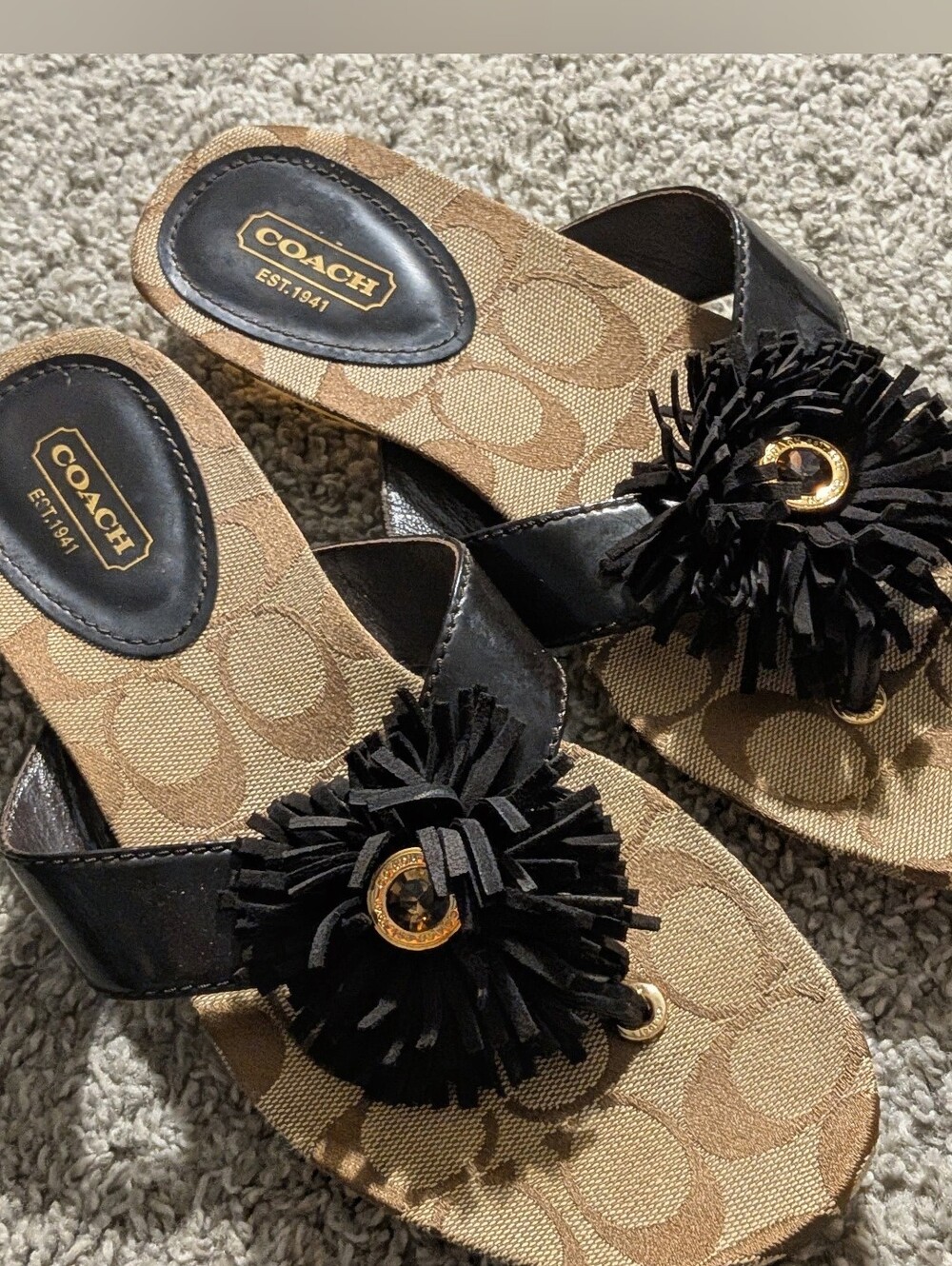 COACH Black Pom Pom Signature Slide Sandals